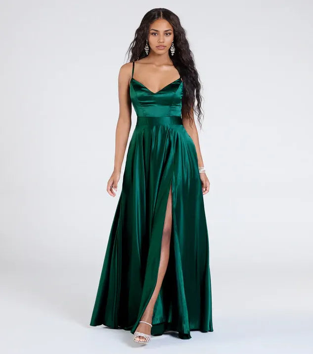 Charming A-Line V Neck Sleeveless Open Tie-back Floor-Length Prom Dress